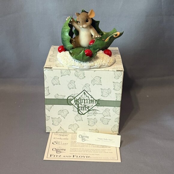 Vintage Charming Tails Figurine Mouse Fitz Floyd Christmas Happy Holly Days Box - Picture 1 of 4